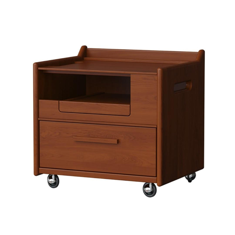 Wooden cart with two drawers and a top surface on wheels against a white background