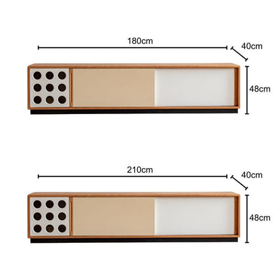 Dimensions of a wooden shelf with compartments on a white background